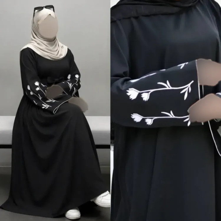 پیراهن عبایی گلدوزی شده گل لاله جنس الیزه مشکی فری سایز