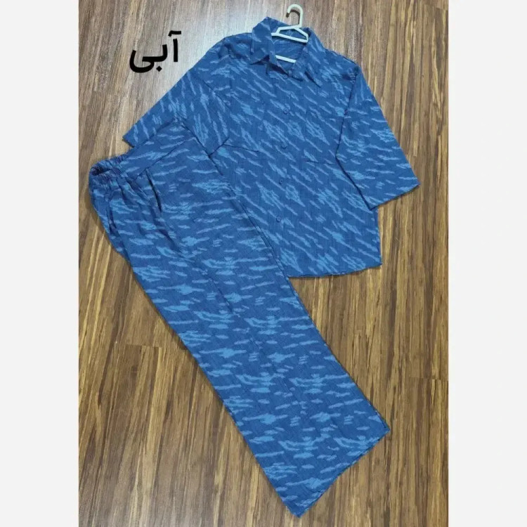 ست شومیز و شلوار طرح ابری شانتون کسمه ژاکارد فری سایز سبز کرم آبی