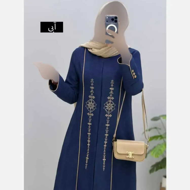مانتو مزونی بلند یقه هفت ایستاده جنس شانتون صوفیا سایز بزرگ مناسب سایز 46 تا 54