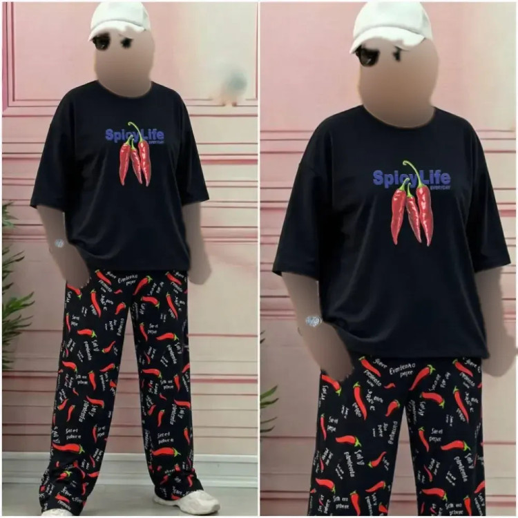 ست تیشرت نخ پنبه و شلوار بوگاتی مدل pepper رنگ مشکی و سفید سایز فری 38 تا 48