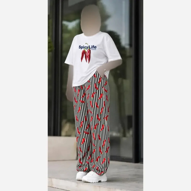 ست تیشرت نخ پنبه و شلوار بوگاتی مدل pepper رنگ مشکی و سفید سایز فری 38 تا 48