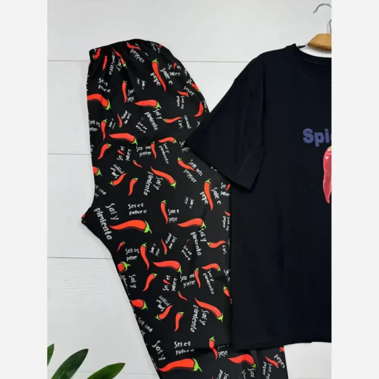 ست تیشرت نخ پنبه و شلوار بوگاتی مدل pepper رنگ مشکی و سفید سایز فری 38 تا 48