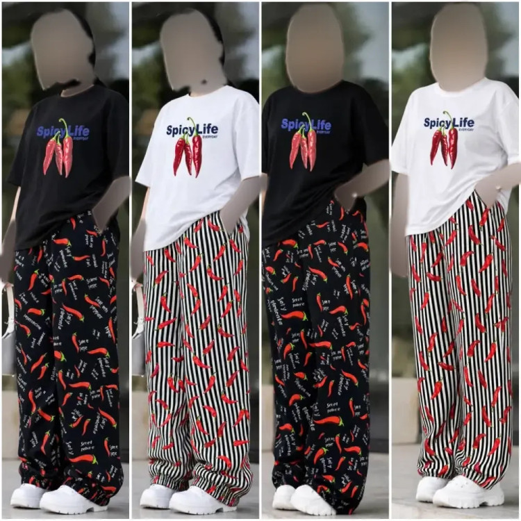ست تیشرت نخ پنبه و شلوار بوگاتی مدل pepper رنگ مشکی و سفید سایز فری 38 تا 48