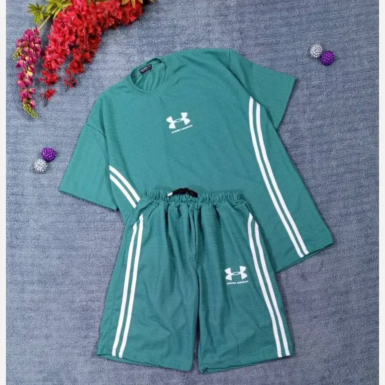 ست تیشرت شلوارک بیسکوییتی طرح جذاب UNDER ARMOUR نواردوزی شده