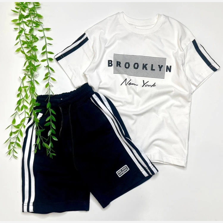 ست تیشرت شلوارک اسپرت دخترانه و پسرانه طرح brooklyn پنبه دورس ترک