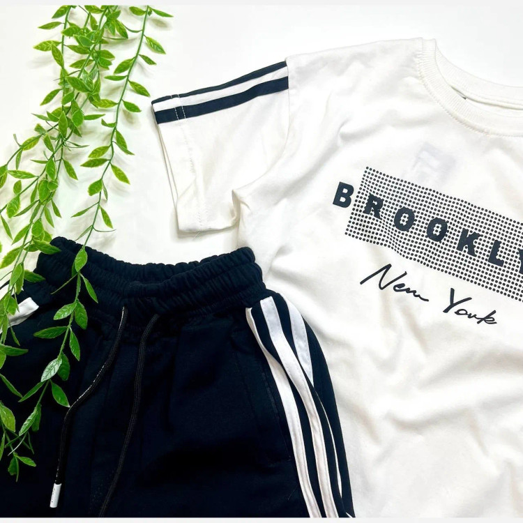 ست تیشرت شلوارک اسپرت دخترانه و پسرانه طرح brooklyn پنبه دورس ترک