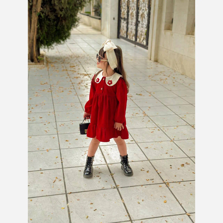 پیراهن دخترانه یلدایی مخمل کبریتی مناسب 2 تا 6 سال